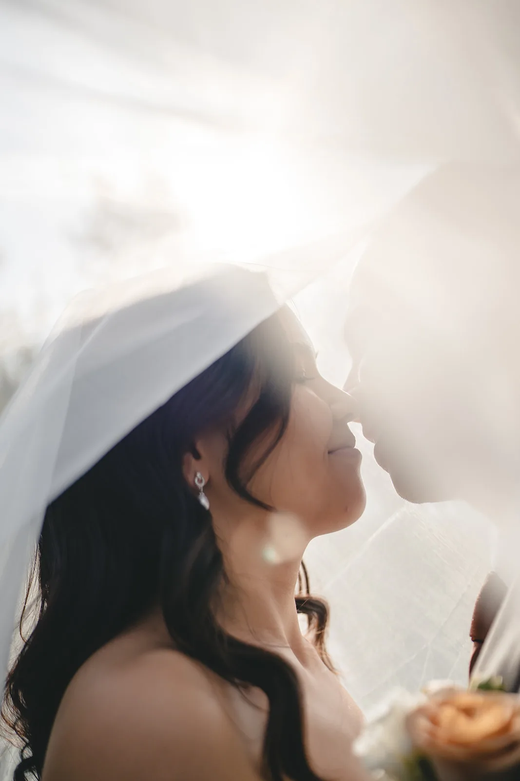 Braut unter ihrem Schleier im Gegenlicht — Hochzeit im Schloss Hunyadi, Maria Enzersdorf